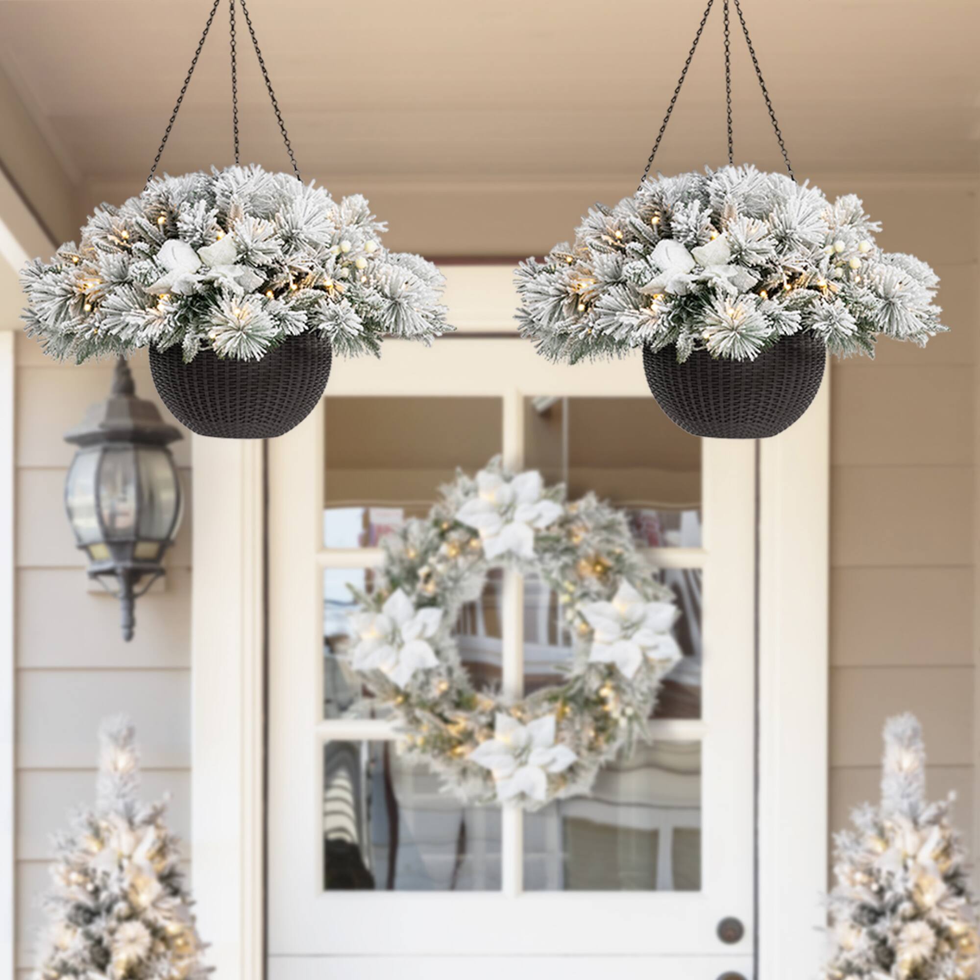Glitzhome® 24'' Pre-Lit Snow Flocked Christmas Artificial Pine Poinsettia Hanging Baskets, 2ct.